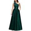 Alfred Sung Bow One-shoulder Full A-line Satin Maxi Dress In Evergreen