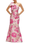 Alfred Sung One-shoulder Metallic Floral Jacquard Trumpet Gown In Pink Multi