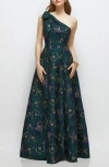 Alfred Sung One-shoulder Metallic Jacquard Trumpet Gown In Green