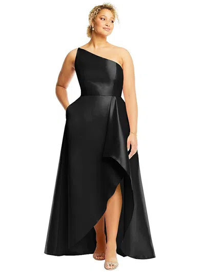 Alfred Sung One-shoulder Satin Gown With Draped Front Slit And Pockets In Black
