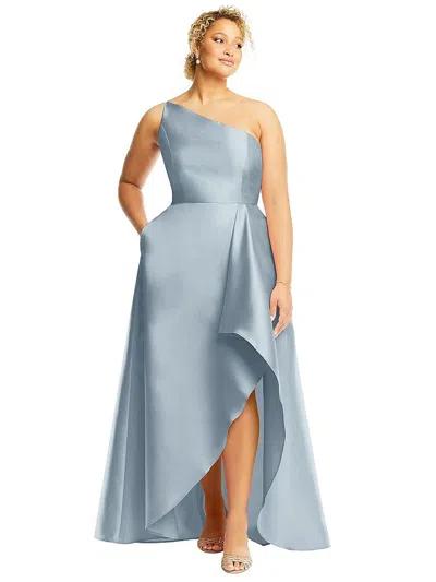 Alfred Sung One-shoulder Satin Gown With Draped Front Slit And Pockets In Blue