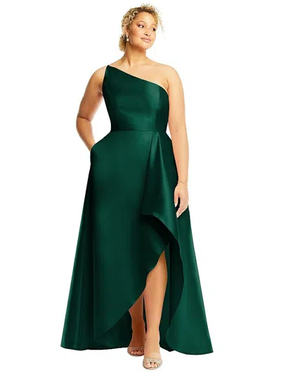 Alfred Sung One-shoulder Satin Gown With Draped Front Slit And Pockets In Green