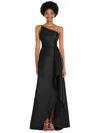 Alfred Sung Draped-front One-shoulder Satin Gown In Black