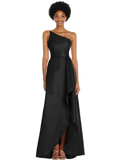 ALFRED SUNG ONE-SHOULDER SATIN GOWN WITH DRAPED FRONT SLIT AND POCKETS