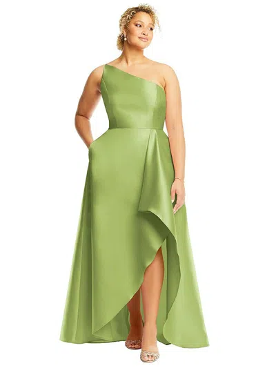 Alfred Sung One-shoulder Satin Gown With Draped Front Slit And Pockets In Green