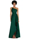 ALFRED SUNG ONE-SHOULDER SATIN GOWN WITH DRAPED FRONT SLIT AND POCKETS
