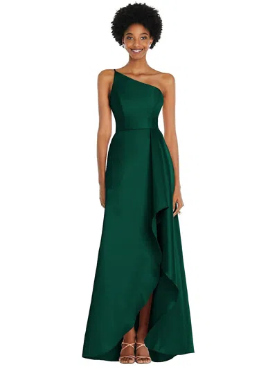 ALFRED SUNG ONE-SHOULDER SATIN GOWN WITH DRAPED FRONT SLIT AND POCKETS