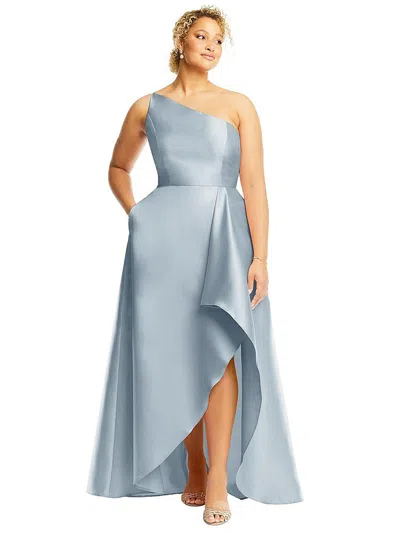 Alfred Sung One-shoulder Satin Gown With Draped Front Slit And Pockets
