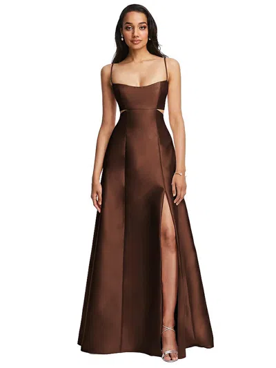Alfred Sung Open Neckline Cutout Satin Twill A-line Gown With Pockets In Brown