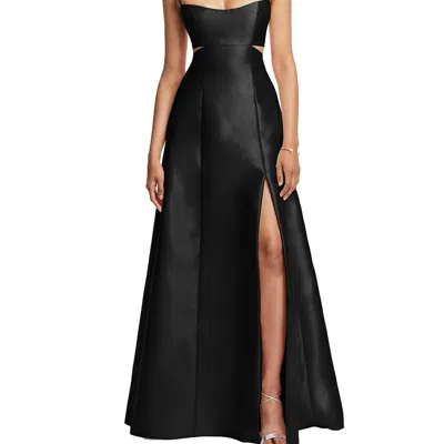 ALFRED SUNG OPEN NECKLINE CUTOUT SATIN TWILL A-LINE GOWN WITH POCKETS