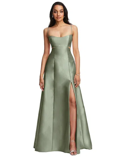 Alfred Sung Open Neckline Cutout Satin Twill A-line Gown With Pockets In Brown