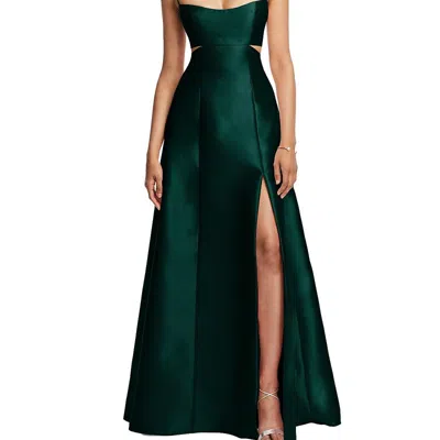 Alfred Sung Open Neckline Cutout Satin Twill A-line Gown With Pockets In Green