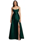 ALFRED SUNG OPEN NECKLINE CUTOUT SATIN TWILL A-LINE GOWN WITH POCKETS