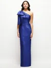 Alfred Sung Oversized Bow One-shoulder Satin Column Maxi Dress In Cobalt Blue