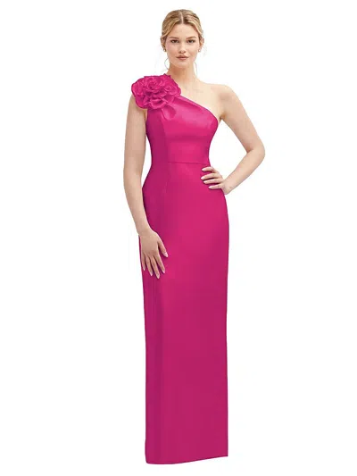 ALFRED SUNG OVERSIZED FLOWER ONE-SHOULDER SATIN COLUMN DRESS