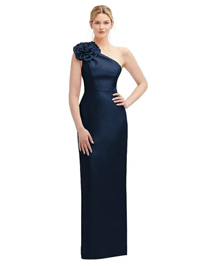 ALFRED SUNG OVERSIZED FLOWER ONE-SHOULDER SATIN COLUMN DRESS