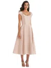 Alfred Sung Puff Cap Sleeve Full Skirt Satin Midi Dress In Beige