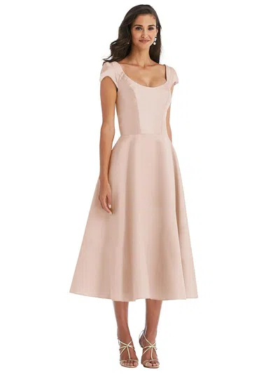 Alfred Sung Puff Cap Sleeve Full Skirt Satin Midi Dress In Beige