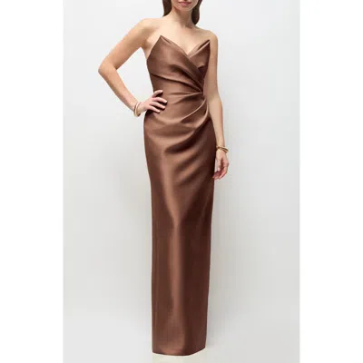 Alfred Sung Rebecca Strapless Satin Column Gown In Brown