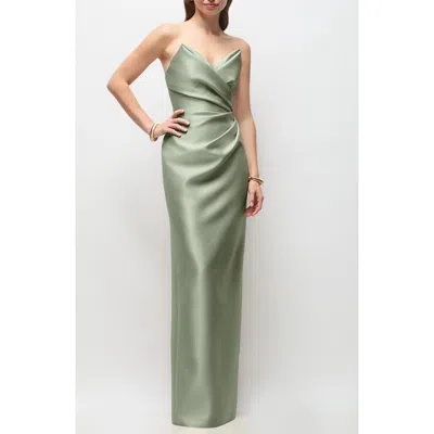 Alfred Sung Rebecca Strapless Satin Column Gown In Green
