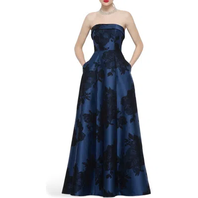 Alfred Sung Sara Floral Lace Strapless Satin Gown In Blue
