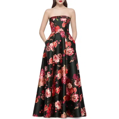 Alfred Sung Sara Floral Strapless Satin Twill Gown In Multi