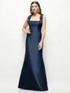 Alfred Sung Satin Fit And Flare Maxi Dress With Shoulder Bows In Blue