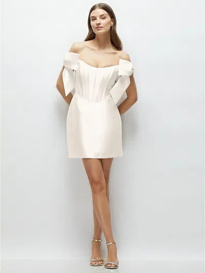 Alfred Sung Satin Off-the-shoulder Bow Corset Fit And Flare Mini Dress In White