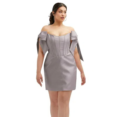 Alfred Sung Satin Off-the-shoulder Bow Corset Fit And Flare Mini Dress In Grey