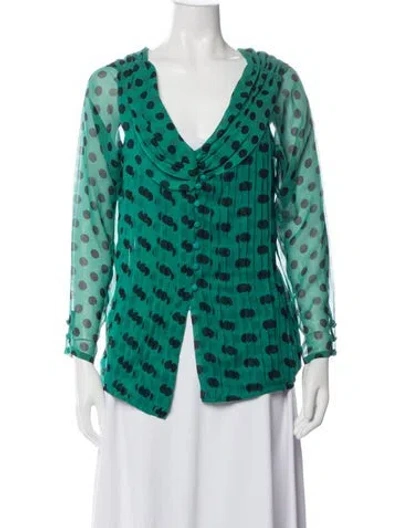 Pre-owned Alfred Sung Silk Polka Dot Print Blouse In Green