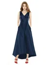 Alfred Sung V-neck Sleeveless High-low Sateen Twill Gown In Blue