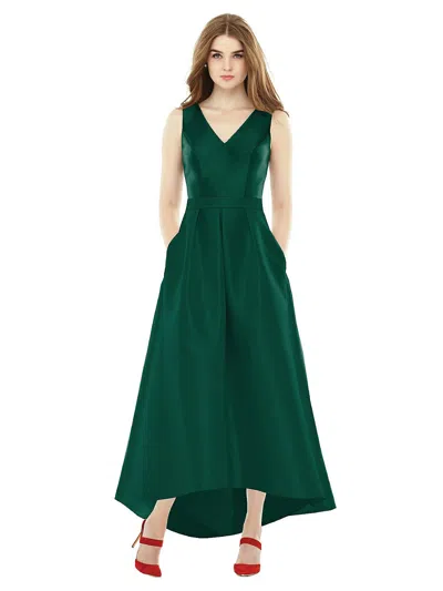 Alfred Sung Sleeveless Pleated Skirt High Low Dress With Pockets In Green