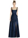 Alfred Sung Square Neck Satin A-line Gown In Blue