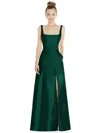 Alfred Sung Square Neck Satin A-line Gown In Green