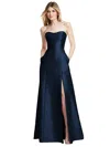Alfred Sung Strapless Satin Gown Formal Dress In Midnight Navy In Blue