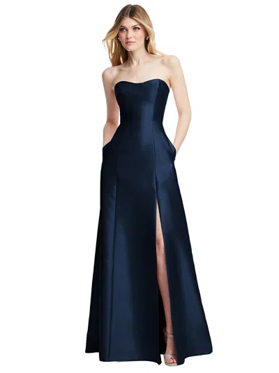 ALFRED SUNG STRAPLESS A-LINE SATIN GOWN WITH MODERN BOW DETAIL
