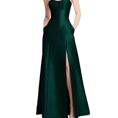 ALFRED SUNG STRAPLESS A-LINE SATIN GOWN WITH MODERN BOW DETAIL