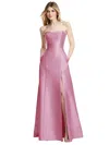 ALFRED SUNG STRAPLESS A-LINE SATIN GOWN WITH MODERN BOW DETAIL