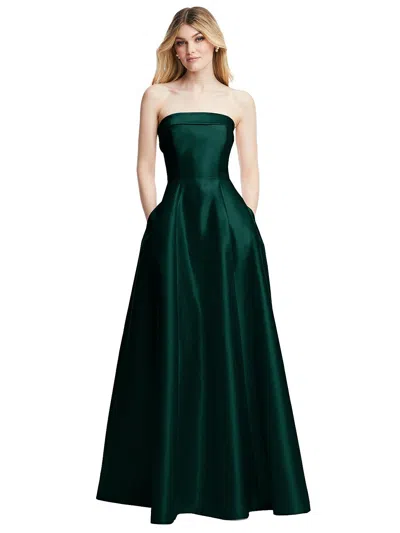 ALFRED SUNG STRAPLESS BIAS CUFF BODICE SATIN GOWN WITH POCKETS