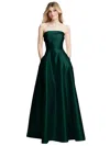 Alfred Sung Strapless Bias Cuff Bodice Satin Gown With Pockets In Multi