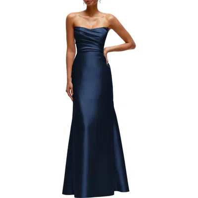 Alfred Sung Strapless Cateye V-neck Satin Twill Gown In Blue