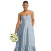 Alfred Sung Strapless Deep Ruffle Hem Satin High Low Dress With Pockets In Blue