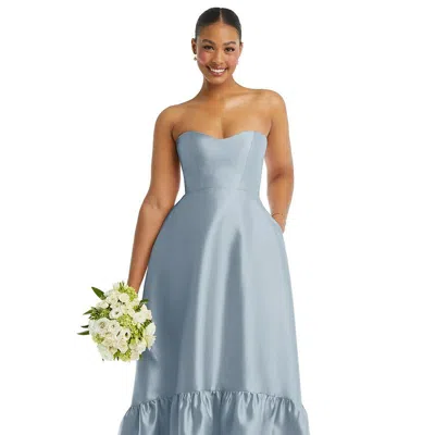 Alfred Sung Strapless Deep Ruffle Hem Satin High Low Dress With Pockets In Blue