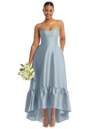 Alfred Sung Strapless Deep Ruffle Hem Satin High Low Dress With Pockets In Blue