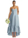 Alfred Sung Strapless Deep Ruffle Hem Satin High Low Dress With Pockets In Grey