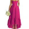 Alfred Sung Strapless Deep Ruffle Hem Satin High Low Dress With Pockets In Pink
