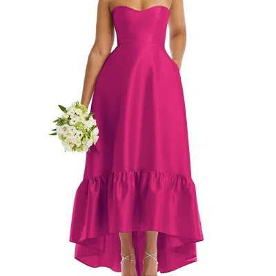 Alfred Sung Strapless Deep Ruffle Hem Satin High Low Dress With Pockets In Pink