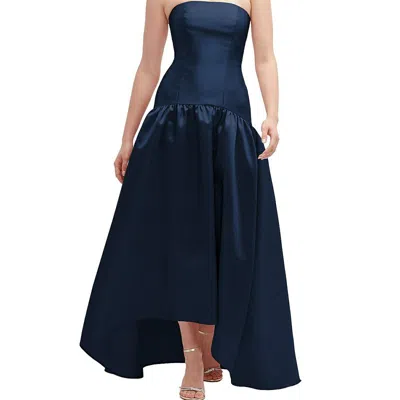 ALFRED SUNG STRAPLESS FITTED SATIN HIGH LOW DRESS WITH SHIRRED BALLGOWN SKIRT