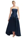 ALFRED SUNG STRAPLESS FITTED SATIN HIGH LOW DRESS WITH SHIRRED BALLGOWN SKIRT