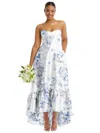 ALFRED SUNG STRAPLESS FLORAL HIGH-LOW RUFFLE HEM MAXI DRESS WITH POCKETS